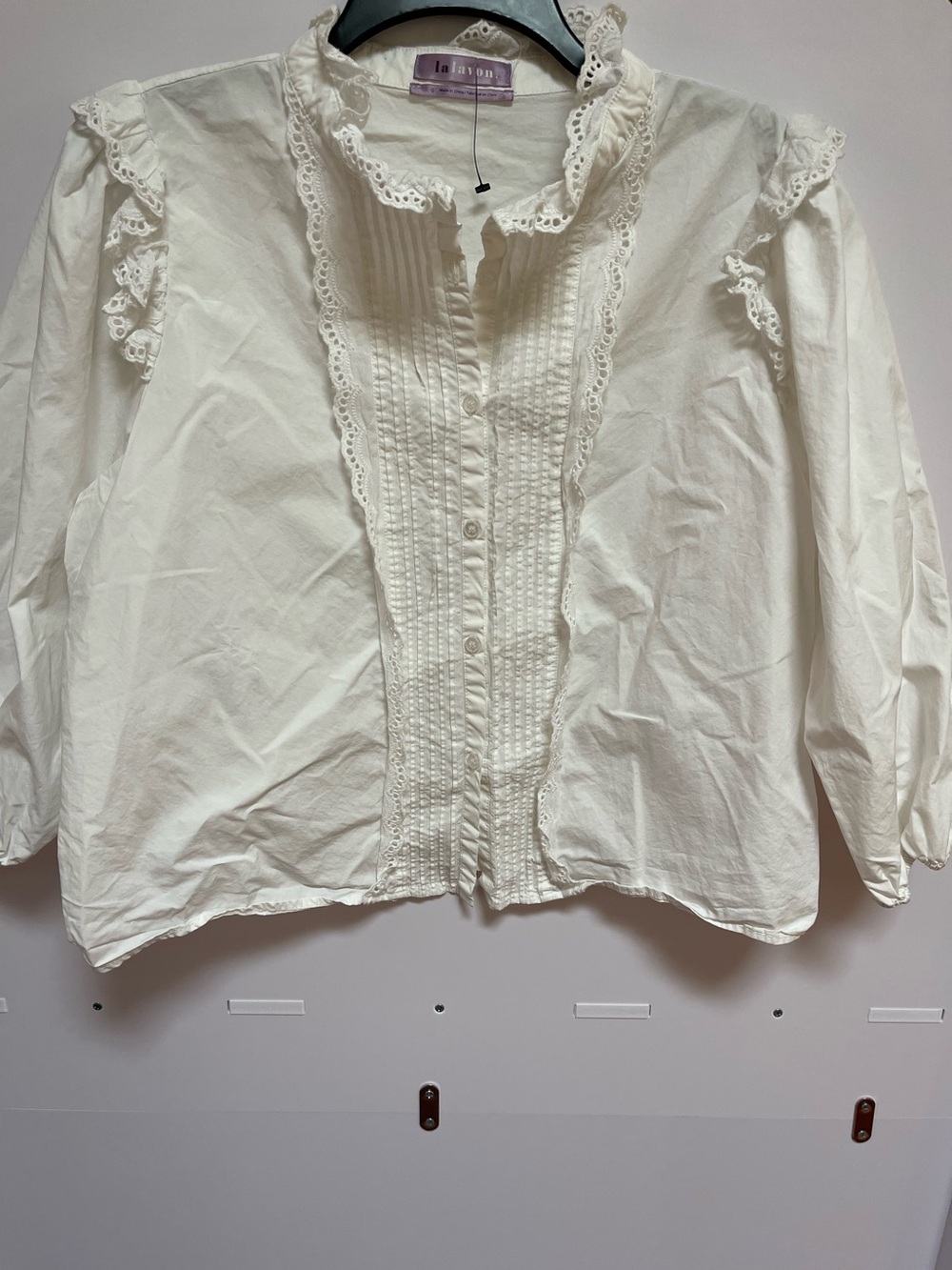 La Vie En Rose Cream Lace-Trim Button-Down Blouse